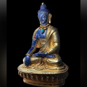 Lapis Lazuli & Brass Buddha Statue – Handmade Nepal – 6 Inch
